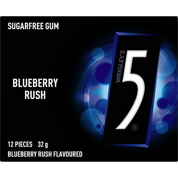 5 Gum BLUEBERRY RUSH Sugarfree Chewing Gum 12 Pieces 32 g