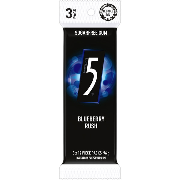 5 GUM BLUEBERRY RUSH Sugarfree Chewing Gum 3 x 12 Pieces 96 g