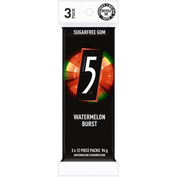5 GUM WATERMELON BURST Sugarfree Chewing Gum 3 x 12 Pieces 96 g