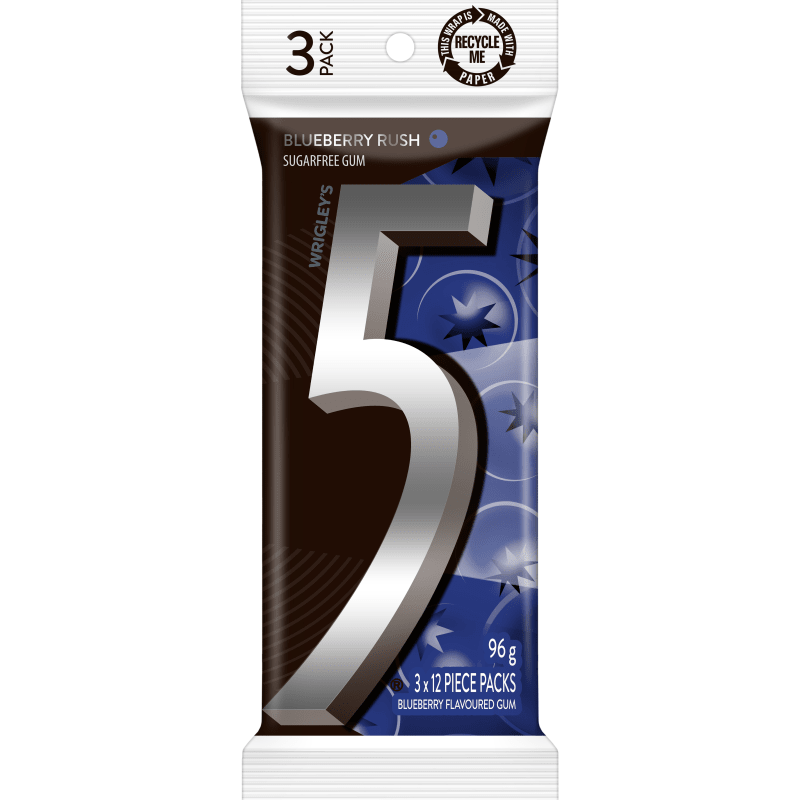 5 GUM BLUEBERRY RUSH Sugarfree Chewing Gum 3 x 12 Pieces 96 g 5 Gum